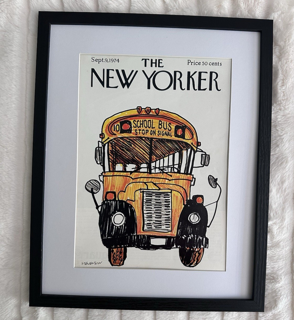 Framed 1974 New Yorker Magazine Cover September 9 Stevenson Yellow School Bus